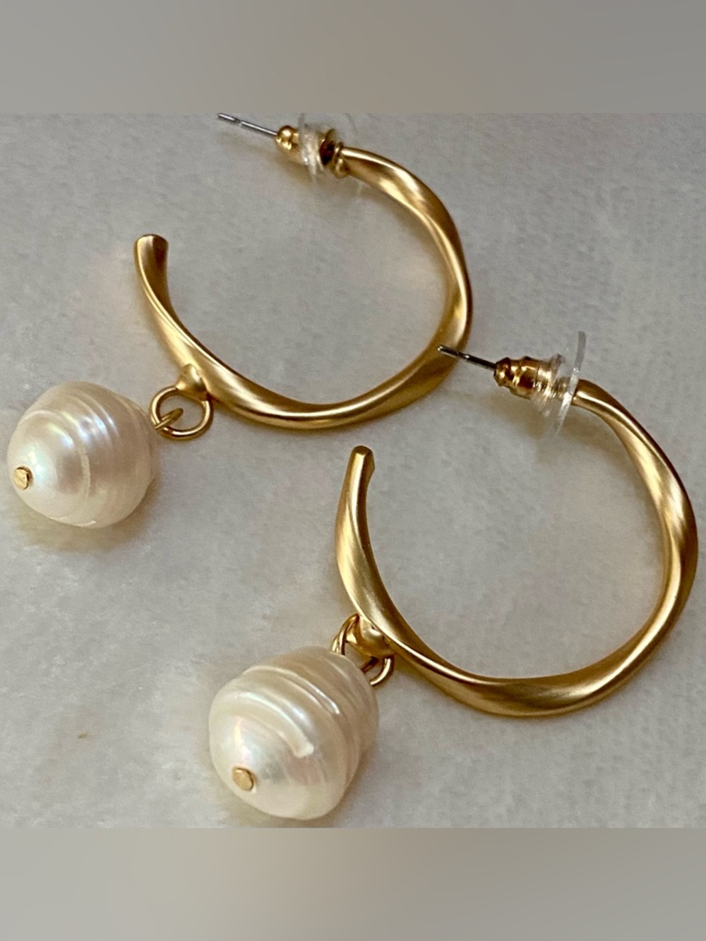 Gold Hoop Earrings with White Baroque Pearl Drop - Women Jewelry